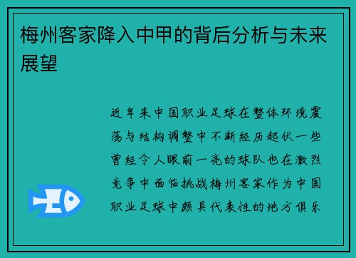 梅州客家降入中甲的背后分析与未来展望 梅州客家降入中甲的背后分析与未来展望
